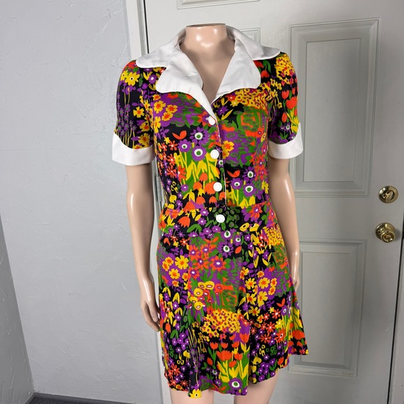 Vintage Dresses & Skirts - Vintage 70s Polyester Knit Mini Dress Party Skirt Top Set Floral Vibrant H3-18